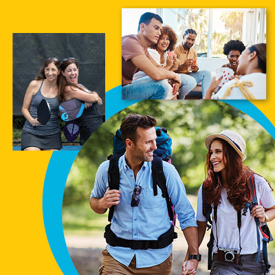 Collage of people playing pickleball, hiking and talking