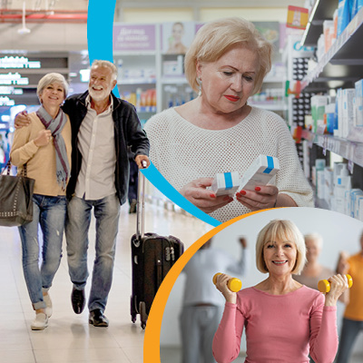 Collage of people walking in a store and a person lifting weights